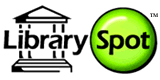Library Spot logo - there is a building with pillars in the background and a big green ball next to it.